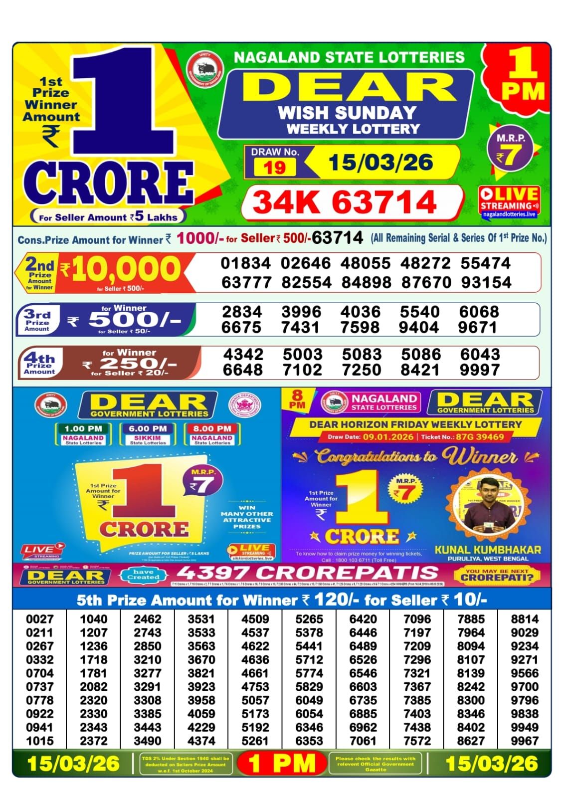 Lottery Sambad 1 PM result 15/03/2026