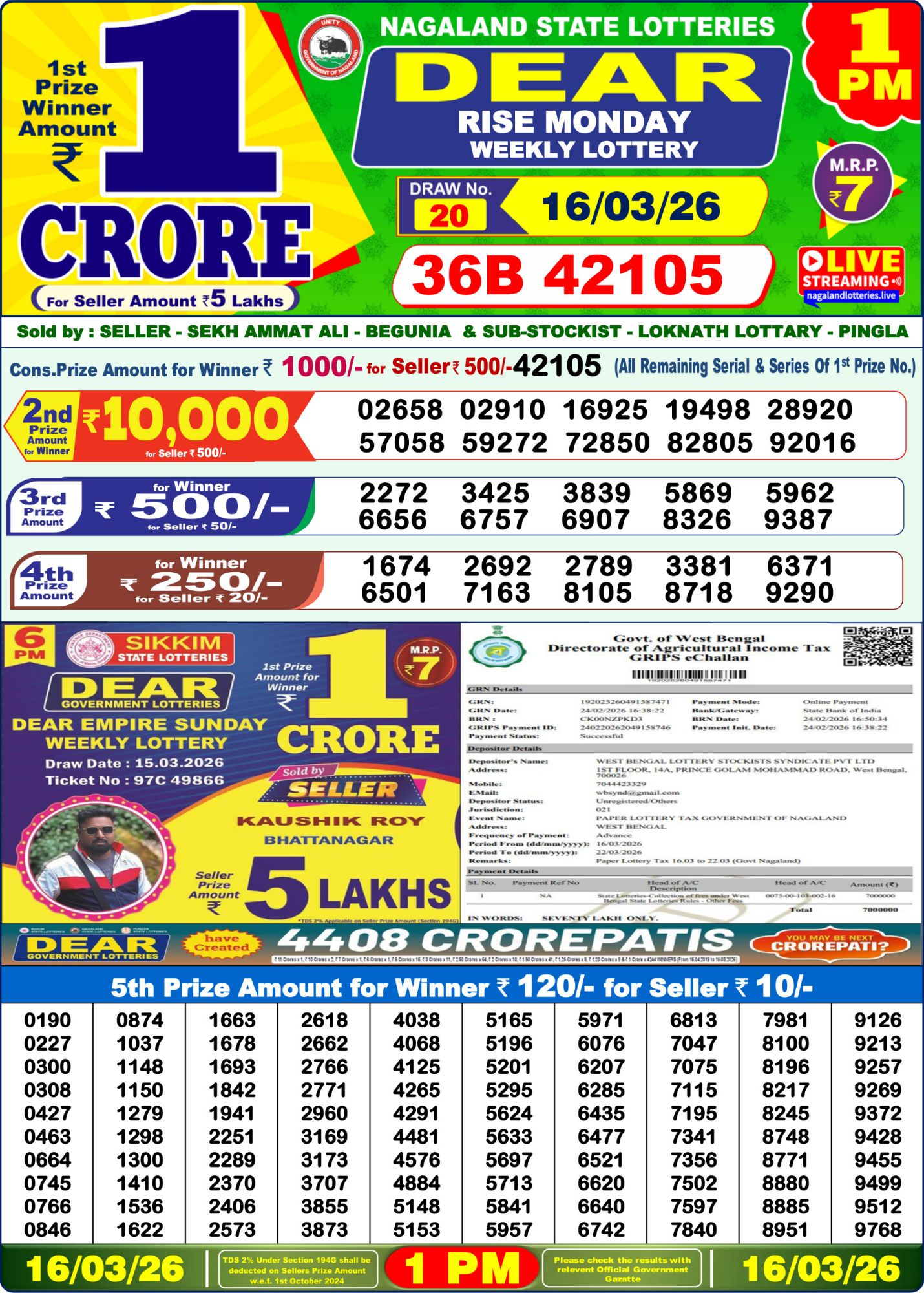 Lottery Sambad 1 PM result 16/03/2026