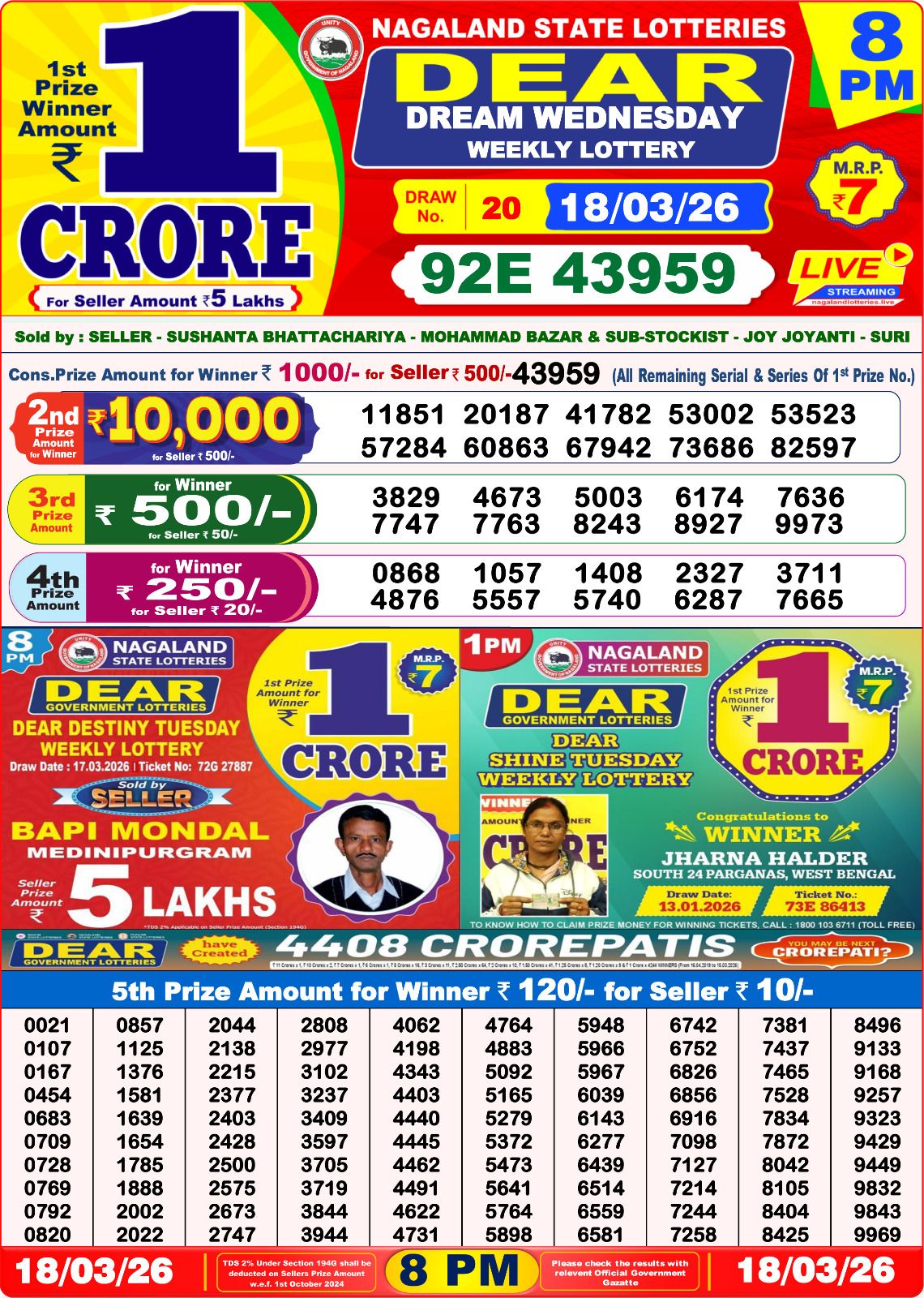 Lottery Sambad 8 PM result 18/03/2026