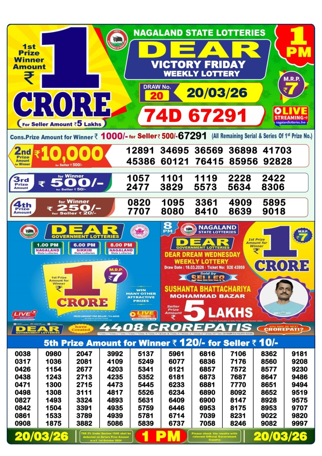 Lottery Sambad 1 PM result 20/03/2026