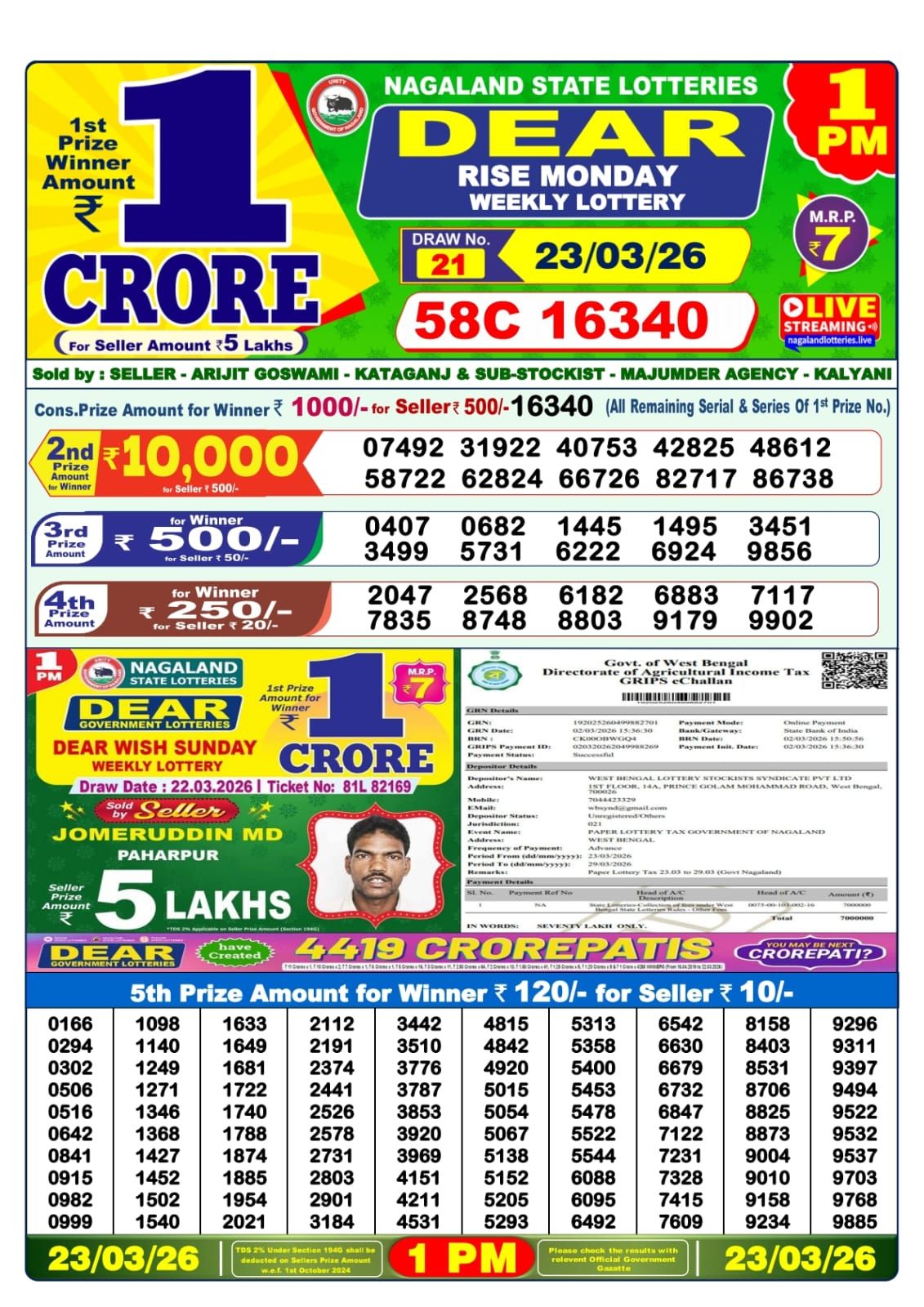 Lottery Sambad 1 PM result 23/03/2026
