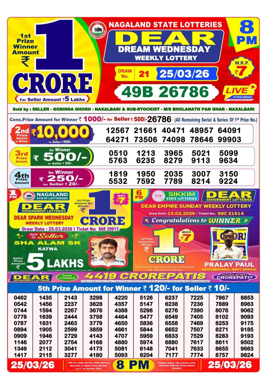 Lottery Sambad 8 PM result 25/03/2026