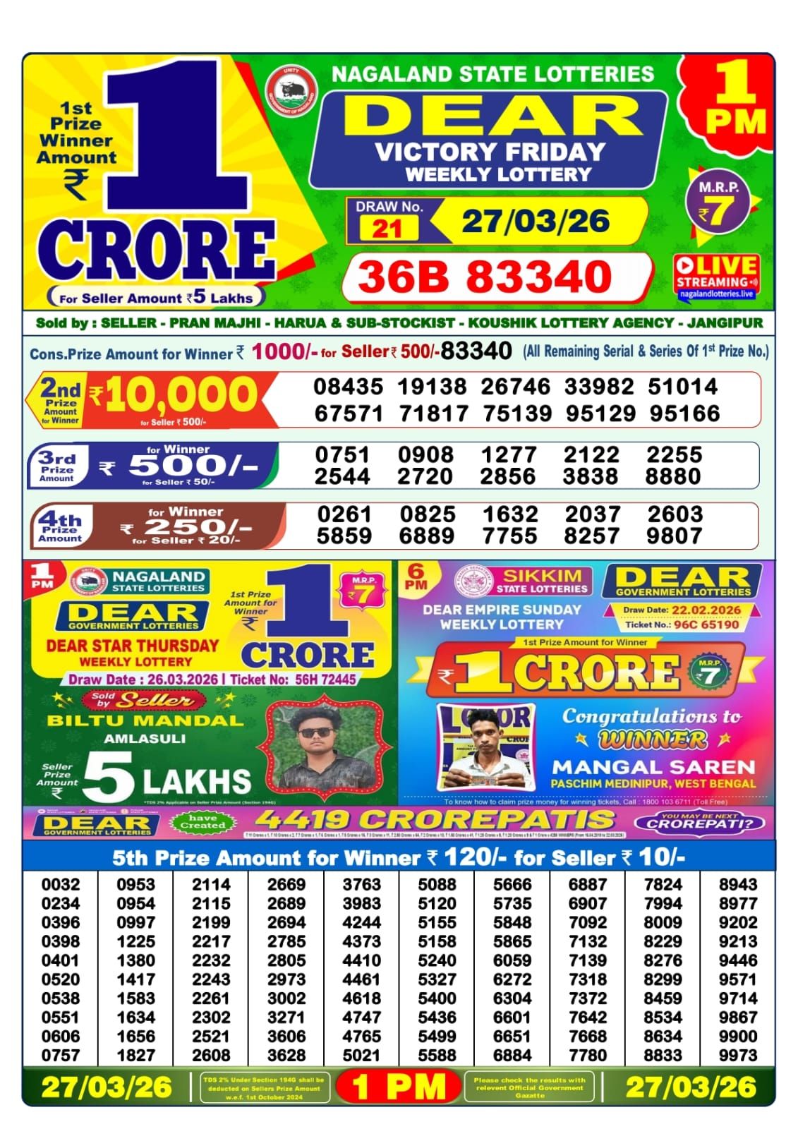 Lottery Sambad 1 PM result 27/03/2026
