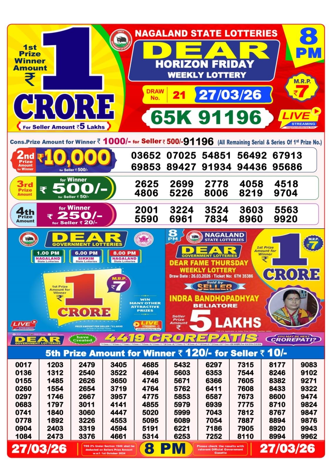 Lottery Sambad 8 PM result 27/03/2026