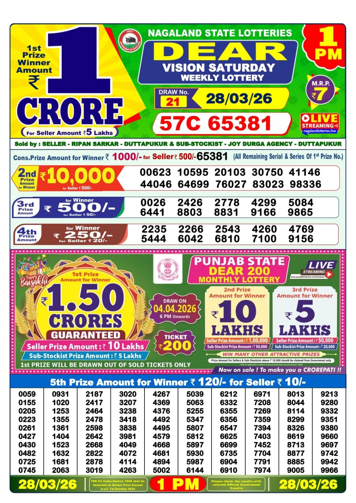 Lottery Sambad 1 PM result 28/03/2026