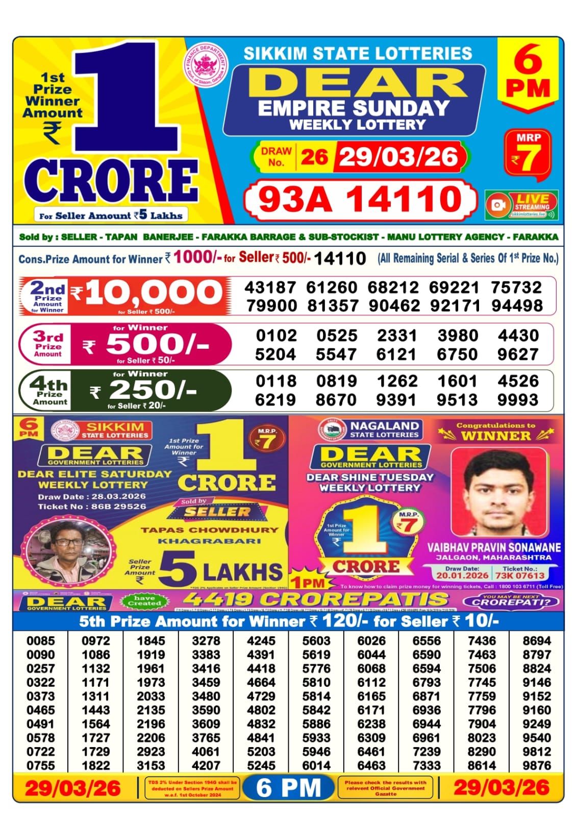 Lottery Sambad 6 PM result 29/03/2026