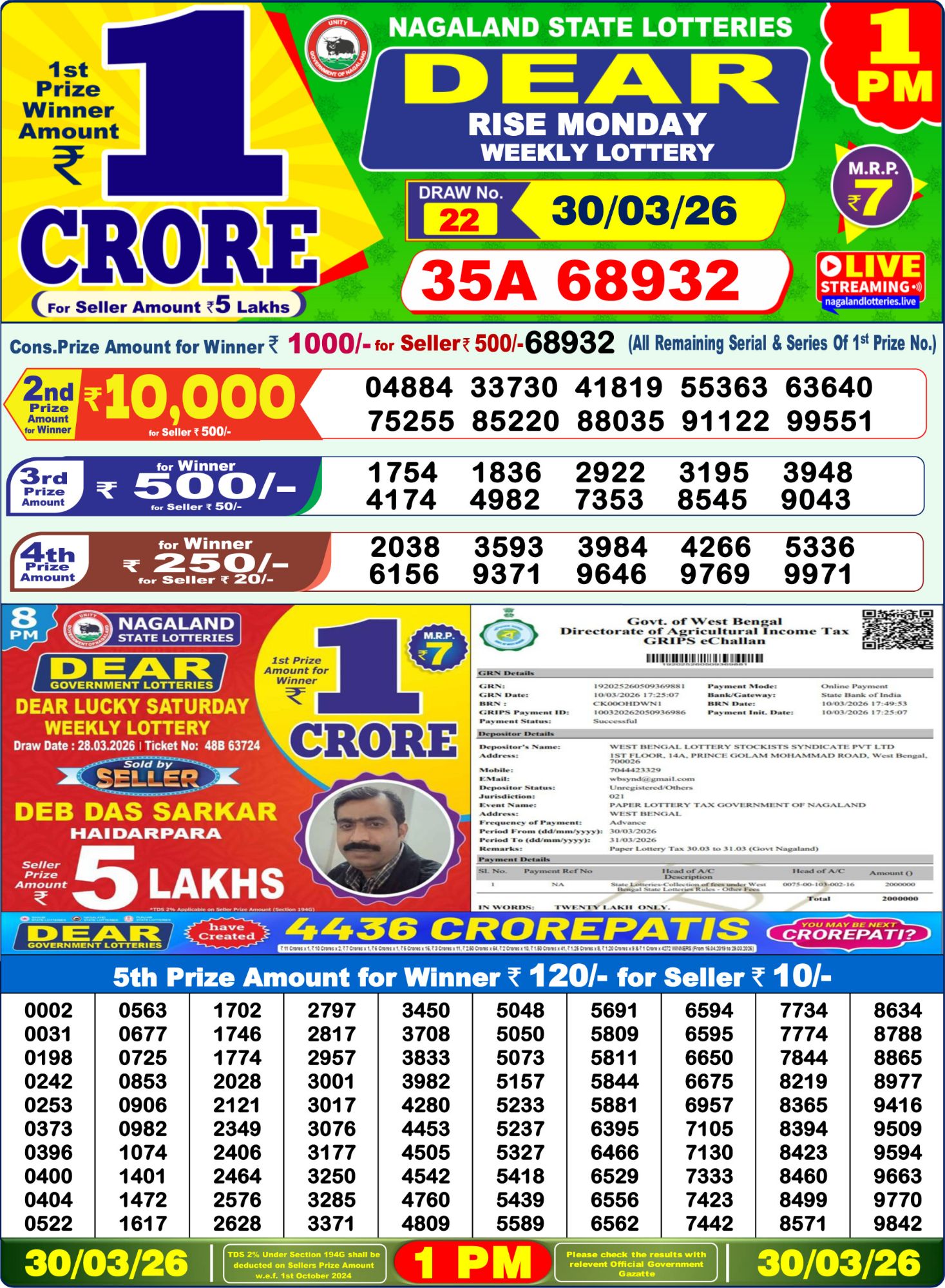 Lottery Sambad 1 PM result 30/03/2026