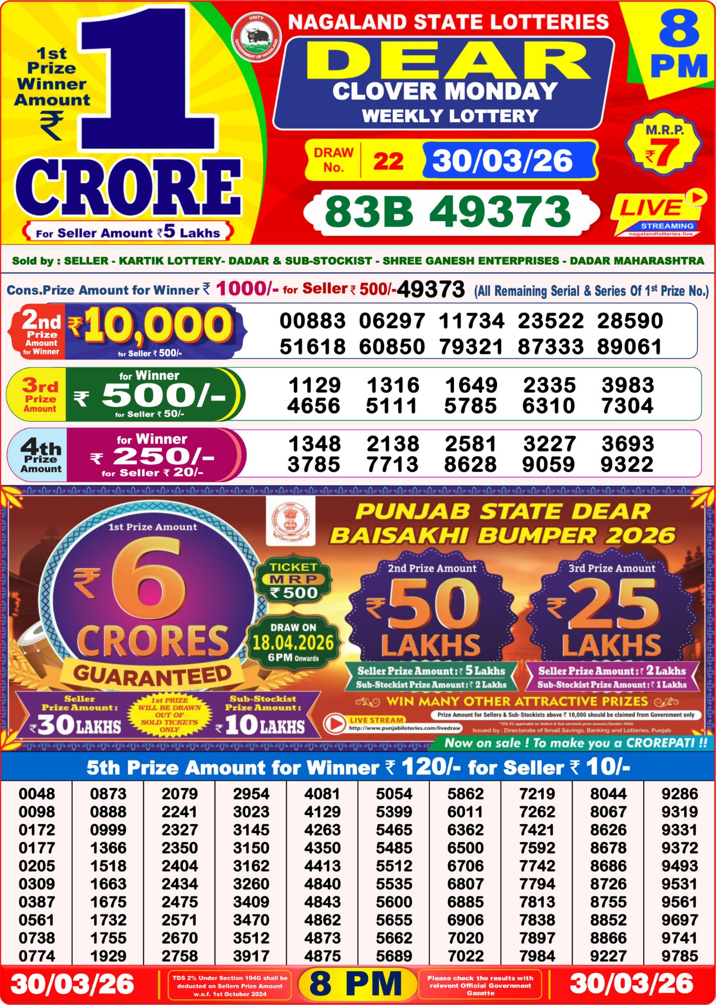 Lottery Sambad 8 PM result 30/03/2026