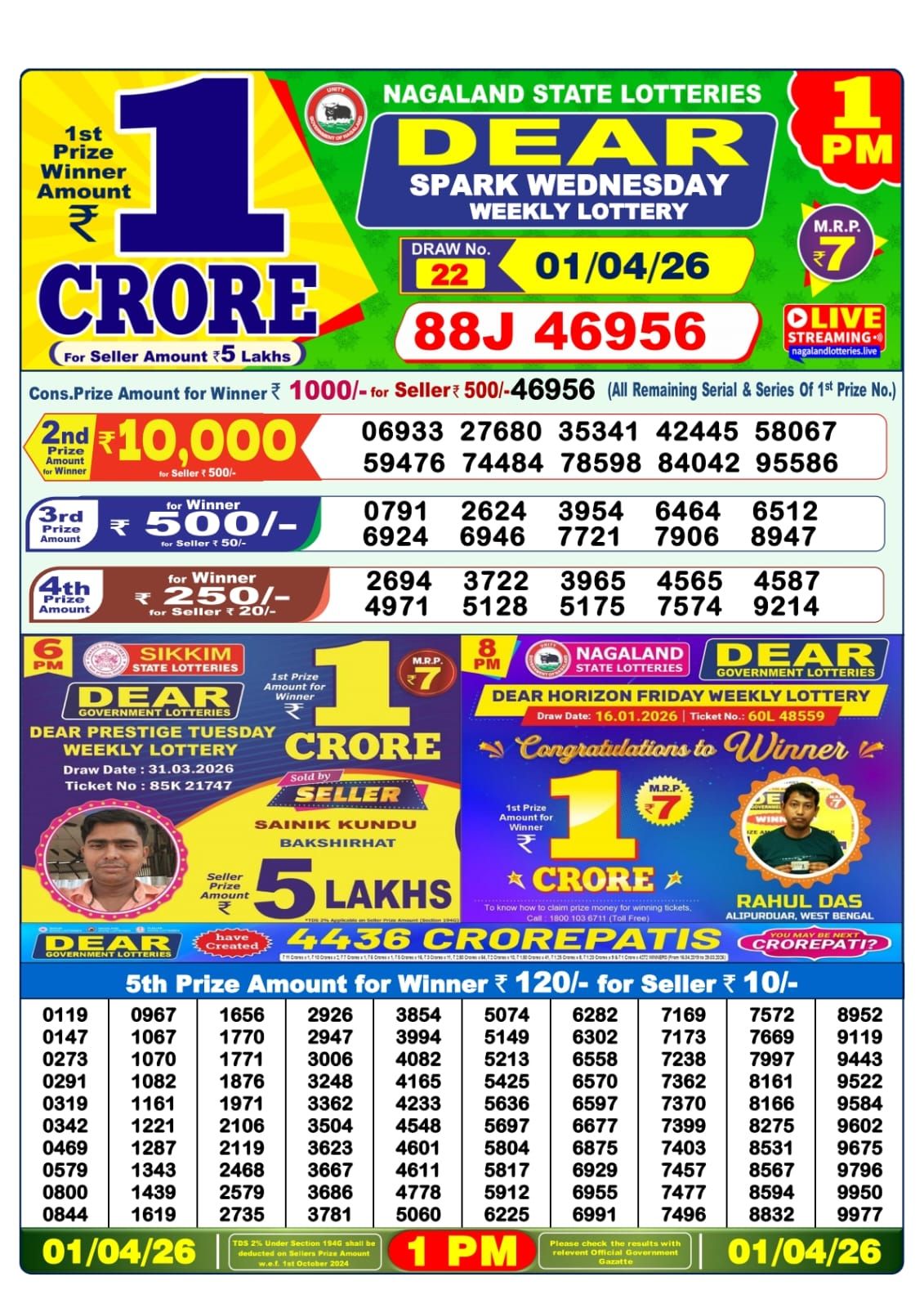 Lottery Sambad 1 PM result 01/04/2026