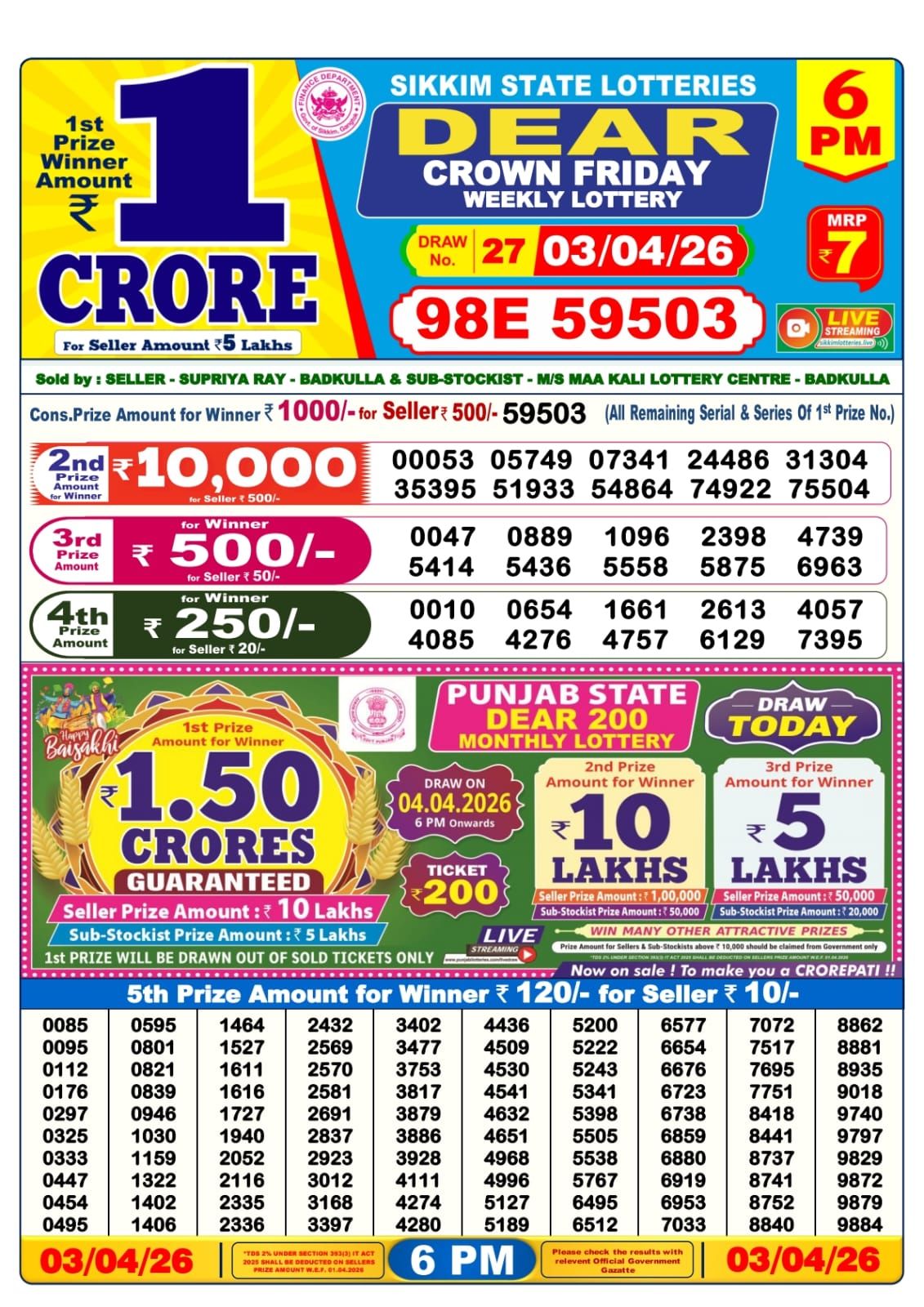 Lottery Sambad 6 PM result 03/04/2026