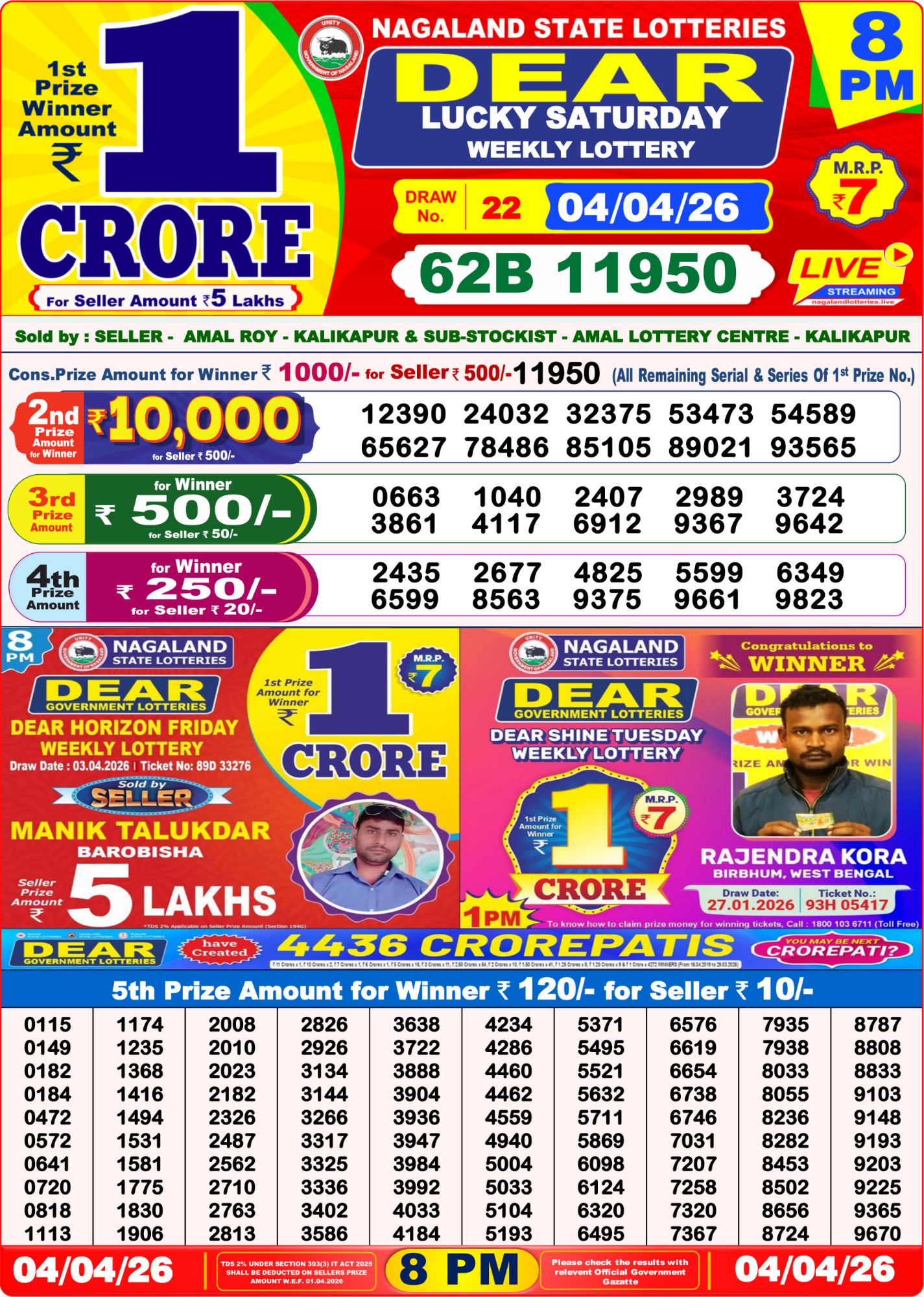 Lottery Sambad 8 PM result 04/04/2026