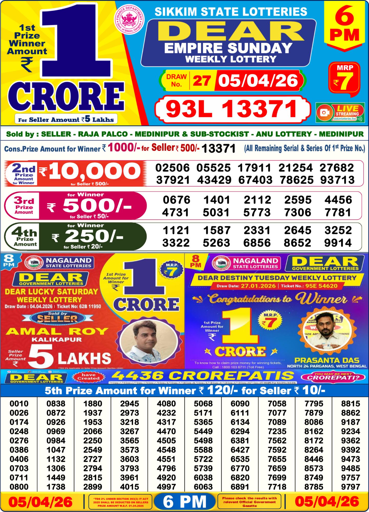 Lottery Sambad 6 PM result 05/04/2026