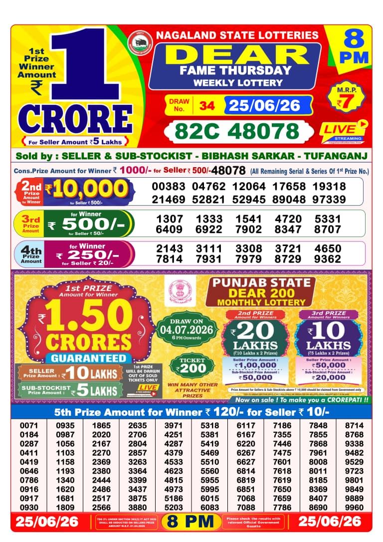 Lottery Sambad 8 PM result 25/06/2026