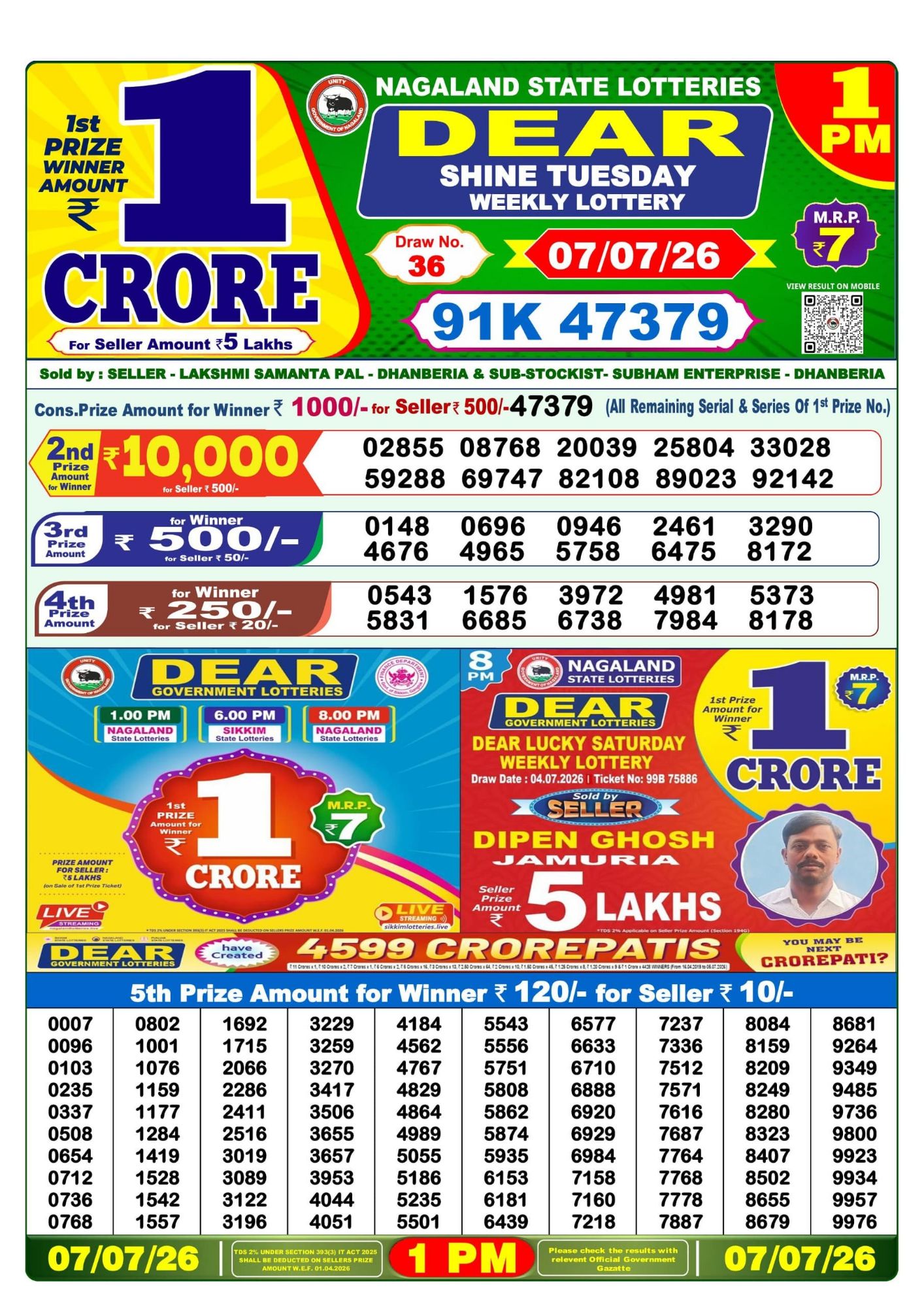 Dear Lottery 1PM Result