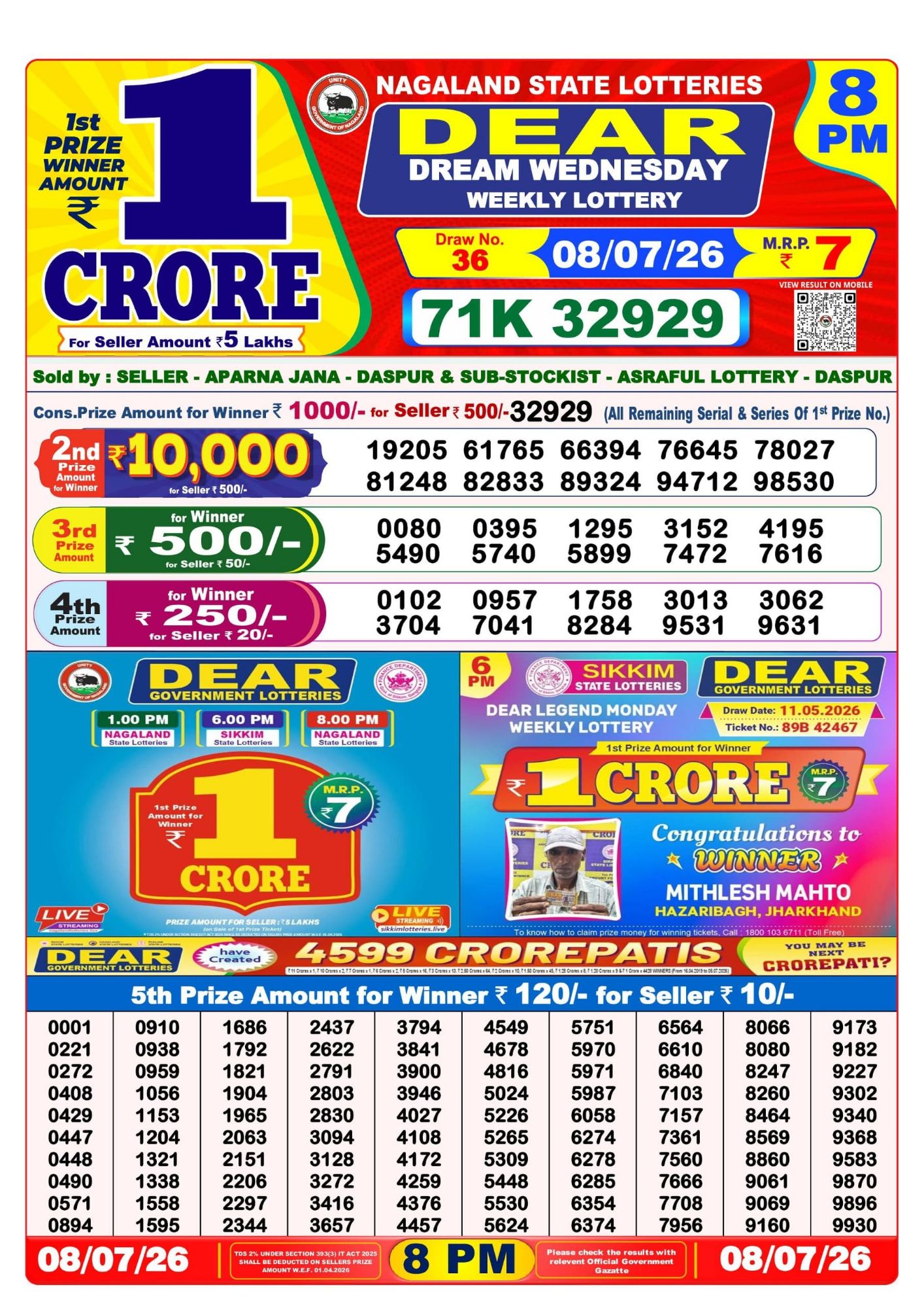 Dear Lottery 8PM Result