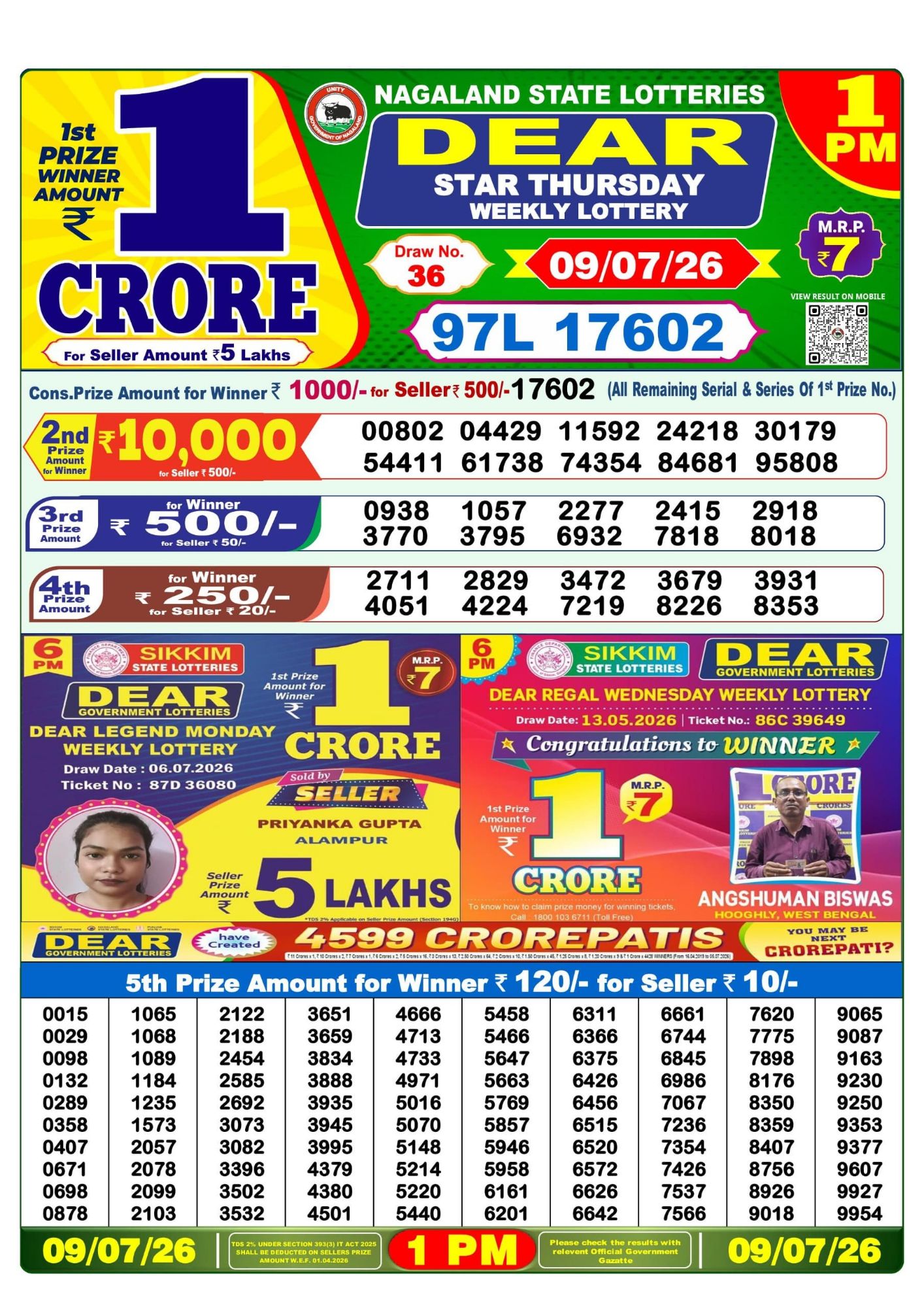 Dear Lottery 1PM Result