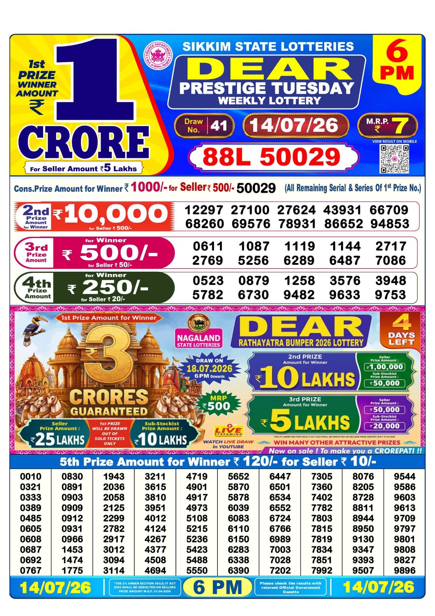 Dear Lottery 6PM Result