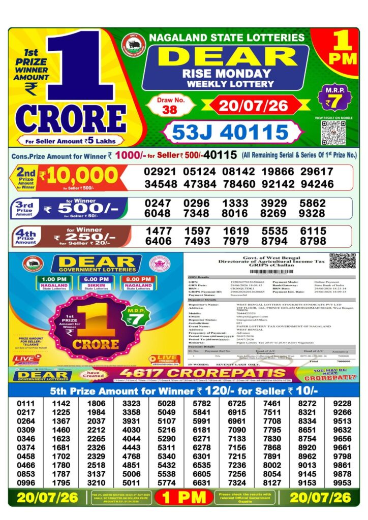 Dear Lottery 1PM Result