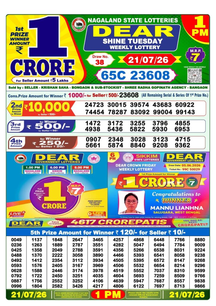 Dear Lottery 1PM Result