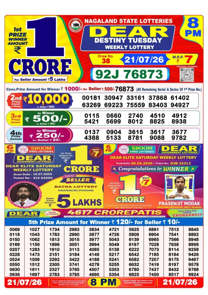 Dear Lottery 8PM Result