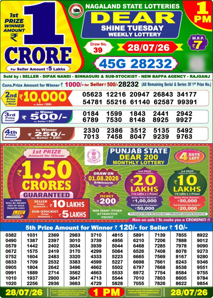 Dear Lottery 1PM Result