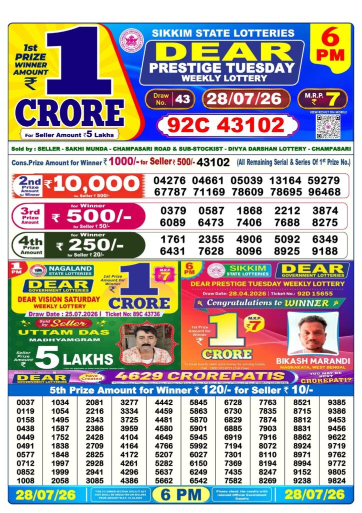 Dear Lottery 6PM Result