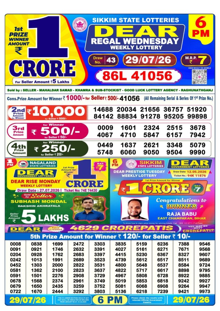 Dear Lottery 6PM Result