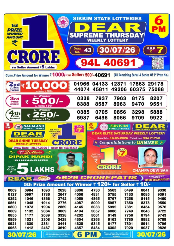 Dear Lottery 6PM Result