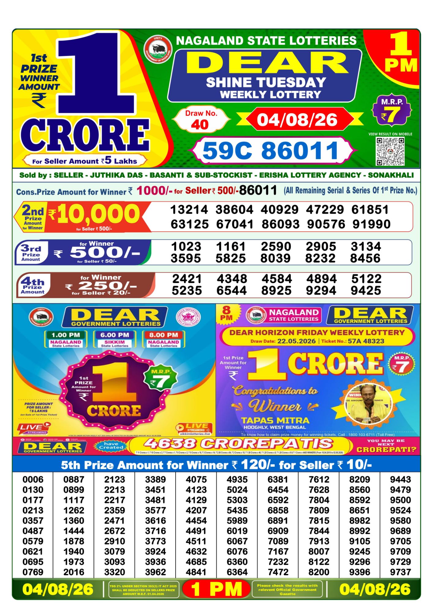 Dear Lottery 1PM Result