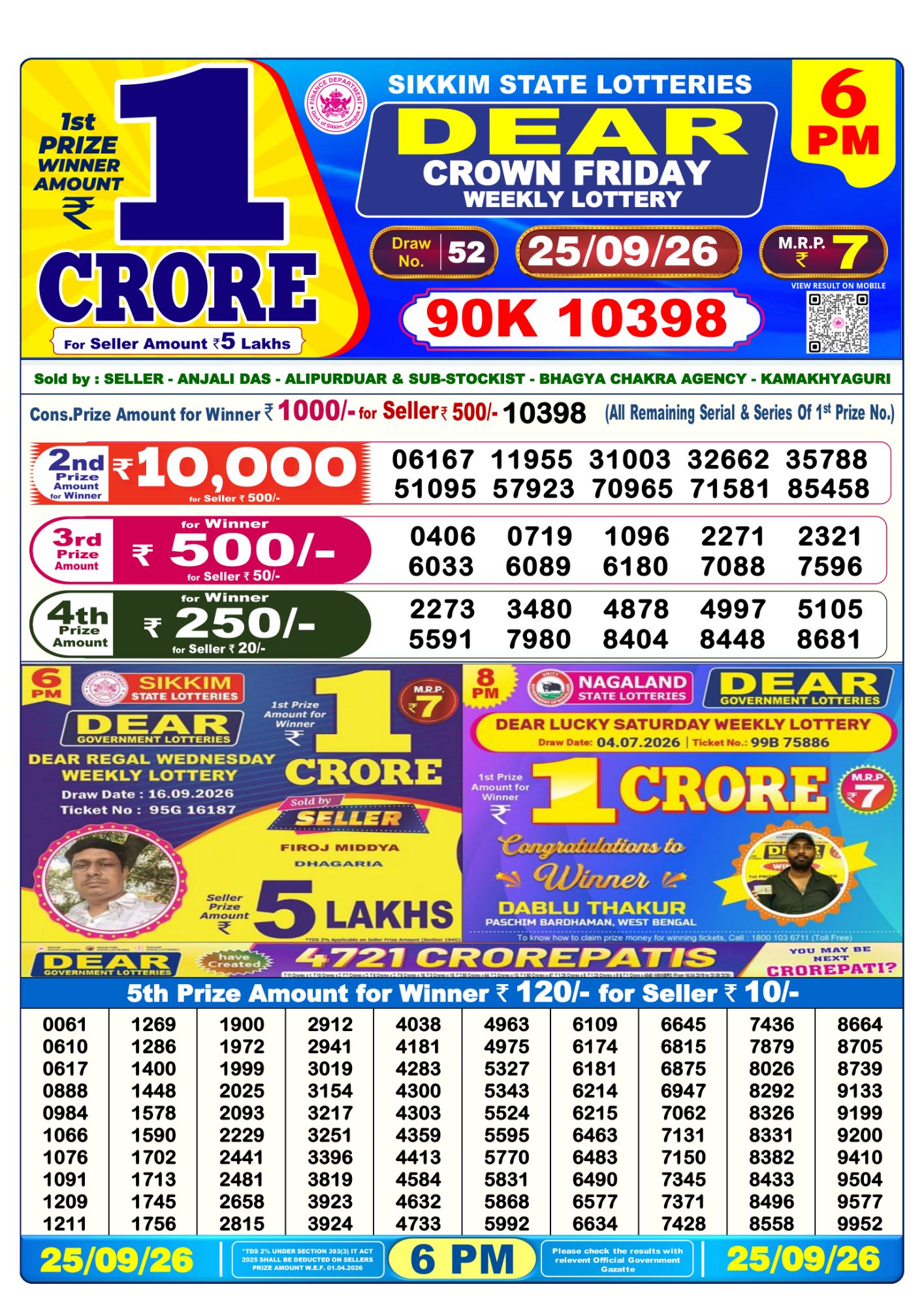 Dear Lottery 6PM Result